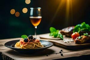 spaghetti with tomato sauce and meat on a wooden table. AI-Generated photo