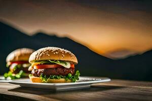 two hamburgers on a plate with mountains in the background. AI-Generated photo