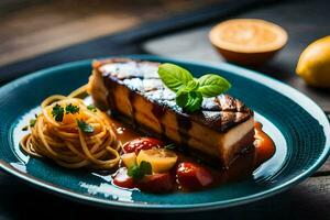 un plato con un pedazo de carne y pasta. generado por ai foto