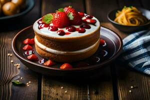 a cake with strawberries and cream on a wooden table. AI-Generated photo