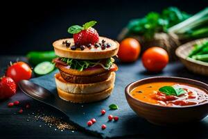 a stack of sandwiches with tomato soup and vegetables. AI-Generated photo