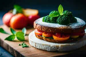 a sandwich with tomatoes and broccoli on a wooden cutting board. AI-Generated photo