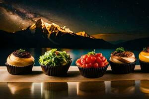 five cupcakes with different toppings on a table. AI-Generated photo