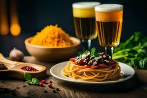 spaghetti and beer on a wooden table. AI-Generated photo