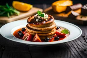 pancakes with tomato sauce and cheese on a white plate. AI-Generated photo