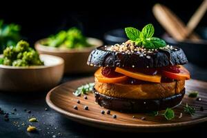 a chocolate burger with vegetables on a plate. AI-Generated photo