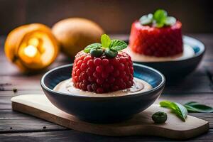 two bowls with fruit and vegetables on a wooden table. AI-Generated photo