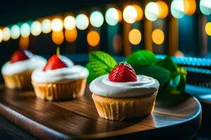 three cupcakes with cream and strawberries on a wooden tray. AI-Generated photo