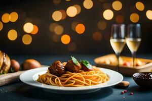 spaghetti with meatballs and bread on a plate. AI-Generated photo