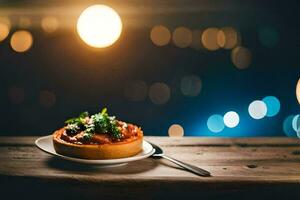 a plate with a pie on it sitting on a table with a fork and spoon. AI-Generated photo