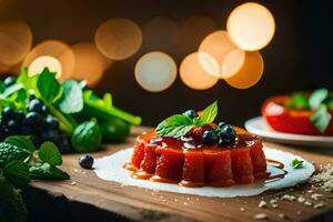 a dessert with berries and mint leaves on a wooden cutting board. AI-Generated photo