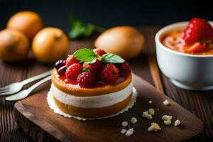 un postre con fresas y crema en un de madera tablero. generado por ai foto