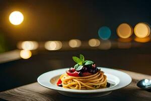 a plate of pasta with cherry tomatoes and basil leaves on a wooden table. AI-Generated photo