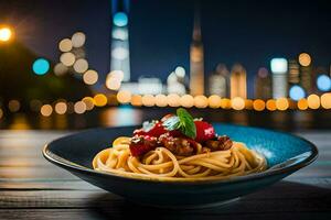 a plate of spaghetti with a cityscape in the background. AI-Generated photo