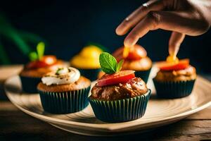 a person is placing a cupcake on a plate. AI-Generated photo