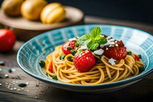 a plate of pasta with strawberries and feta cheese. AI-Generated photo