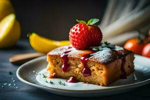a slice of cake with strawberries and a banana on a plate. AI-Generated photo