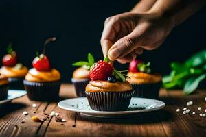 a person is placing a strawberry on top of a cupcake. AI-Generated photo