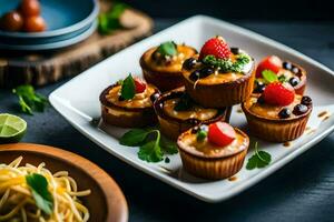 mini cupcakes with fruit and vegetables on a plate. AI-Generated photo