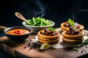 Tres mini pizzas con salsa y verde frijoles. generado por ai foto