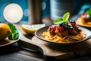 spaghetti with meatballs and tomatoes on a wooden table. AI-Generated photo