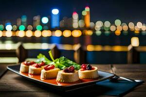 a plate of dessert with a cityscape in the background. AI-Generated photo