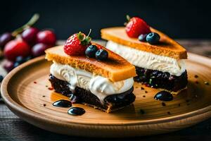 two desserts on a wooden plate with berries. AI-Generated photo