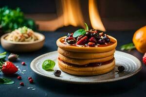 a stack of pancakes with berries and other ingredients. AI-Generated photo