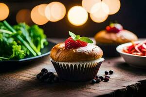 a cupcake with strawberries and a bowl of salad. AI-Generated photo