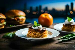 two plates with spaghetti and meatballs on them. AI-Generated photo