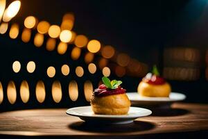 two small desserts on a plate with lights in the background. AI-Generated photo