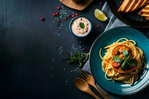 spaghetti with tomato sauce and grilled bread on a blue plate. AI-Generated photo