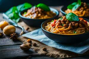 spaghetti with meat and vegetables in a bowl. AI-Generated photo