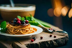 spaghetti with berries and coffee on a wooden table. AI-Generated photo