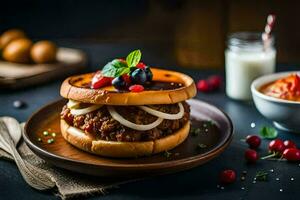 a burger with cheese, onions and tomatoes on a plate. AI-Generated photo