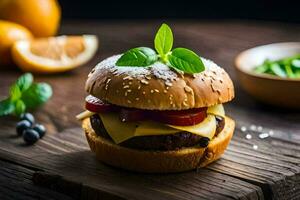 a hamburger with cheese, tomatoes and herbs on a wooden table. AI-Generated photo