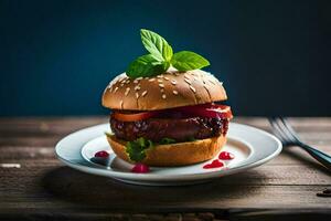 a hamburger with meat and vegetables on a plate. AI-Generated photo