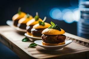 pequeño platos con carne deslizadores en a ellos. generado por ai foto