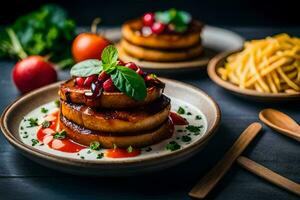 pancakes with tomato sauce and cheese on a plate. AI-Generated photo