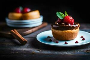 un magdalena con chocolate y fresas en un lámina. generado por ai foto