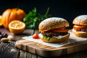 two hamburgers on a cutting board with vegetables. AI-Generated photo