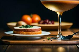 a glass of wine and a dessert on a table. AI-Generated photo
