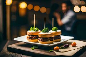 small burgers on a plate with toothpicks. AI-Generated photo