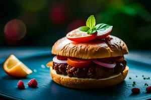 a hamburger with tomatoes, raspberries and mint. AI-Generated photo