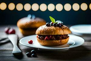 dos hamburguesas en un plato con bayas. generado por ai foto