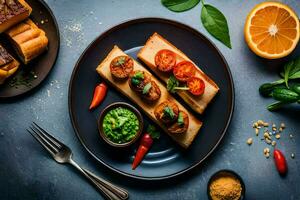 un plato con comida y utensilios en él. generado por ai foto