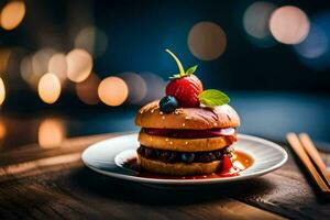 a hamburger with strawberries and blueberries on top. AI-Generated photo