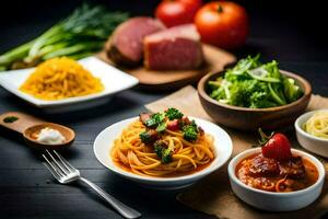 spaghetti with meat, vegetables and other ingredients. AI-Generated photo