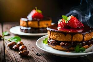 dos pasteles con chocolate y fresas en un de madera mesa. generado por ai foto