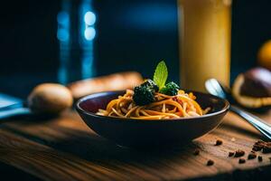 a bowl of pasta with broccoli and a spoon on a wooden table. AI-Generated photo